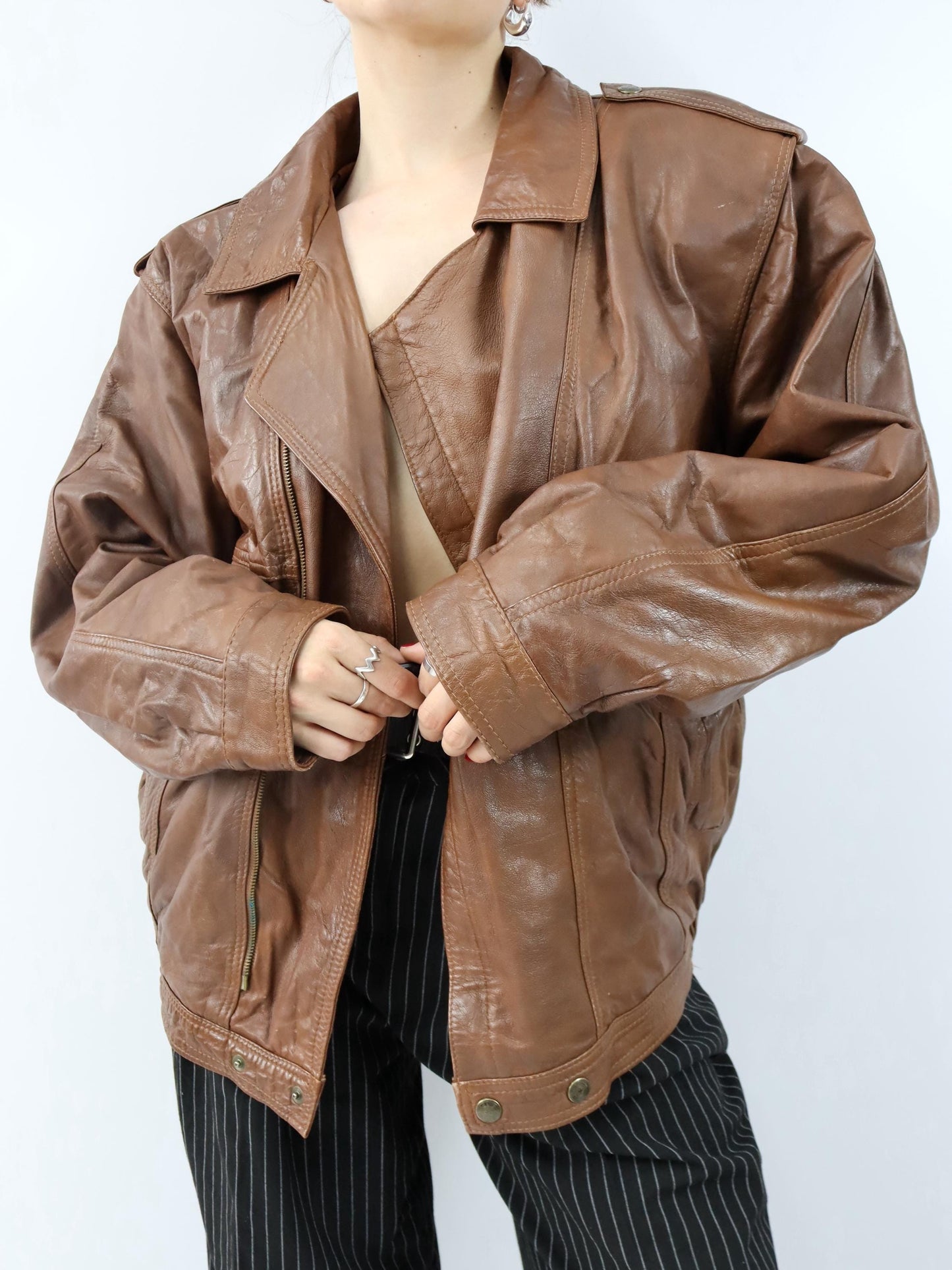 Vintage 80er 90er VERA PELLE Lederjacke Jacke Schulterpolster braun XL