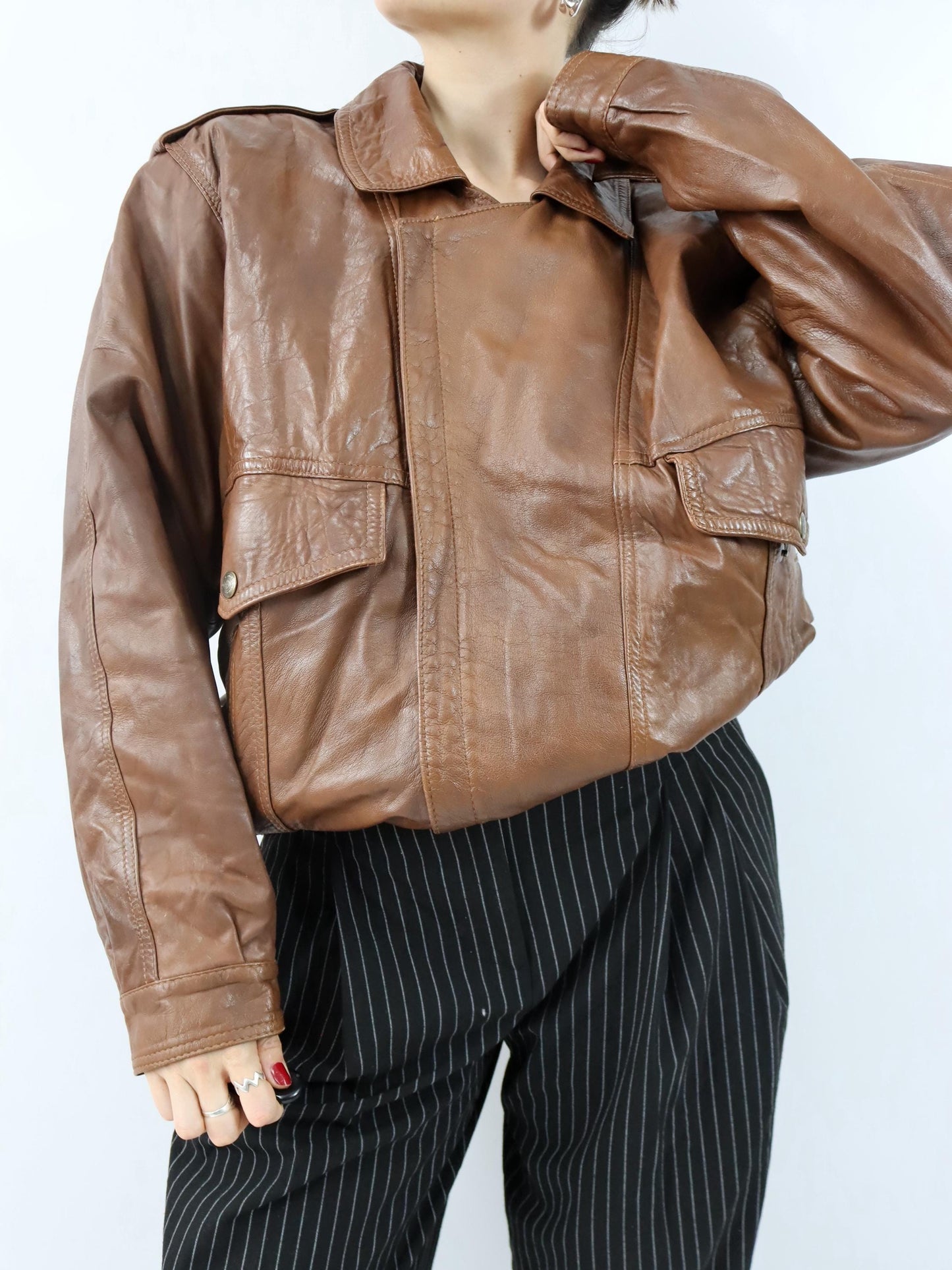Vintage 80er 90er VERA PELLE Lederjacke Jacke Schulterpolster braun XL