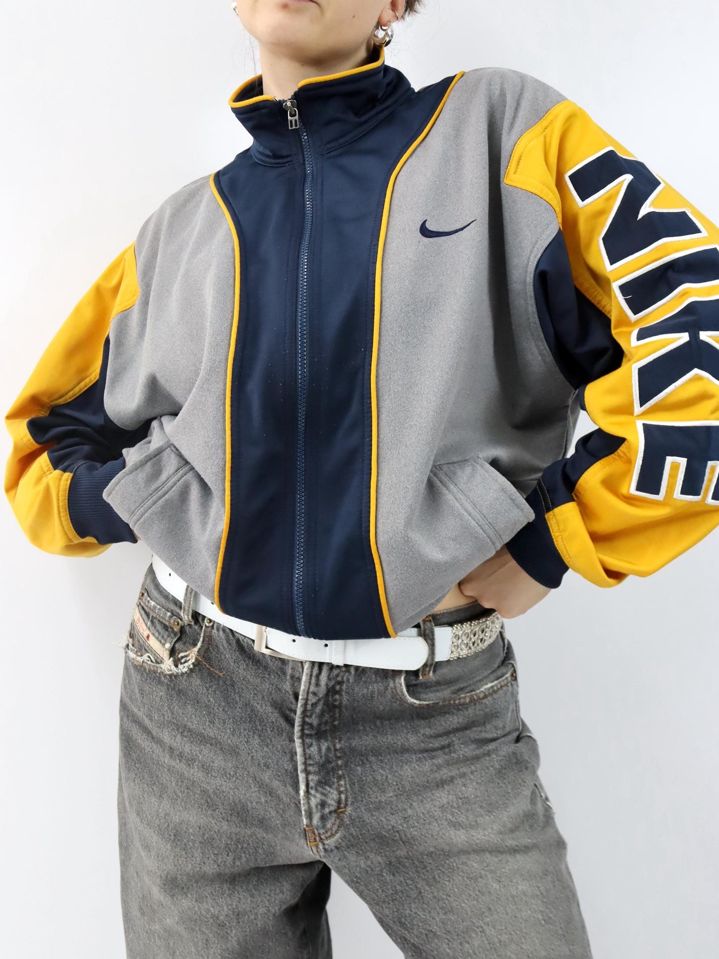 Vintage 80er 90er NIKE Trainingsjacke Jacke Stehkragen dunkelblau grau gelb M