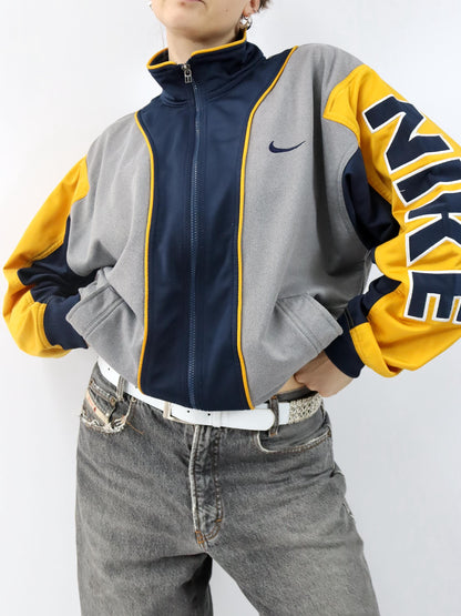 Vintage 80er 90er NIKE Trainingsjacke Jacke Stehkragen dunkelblau grau gelb M