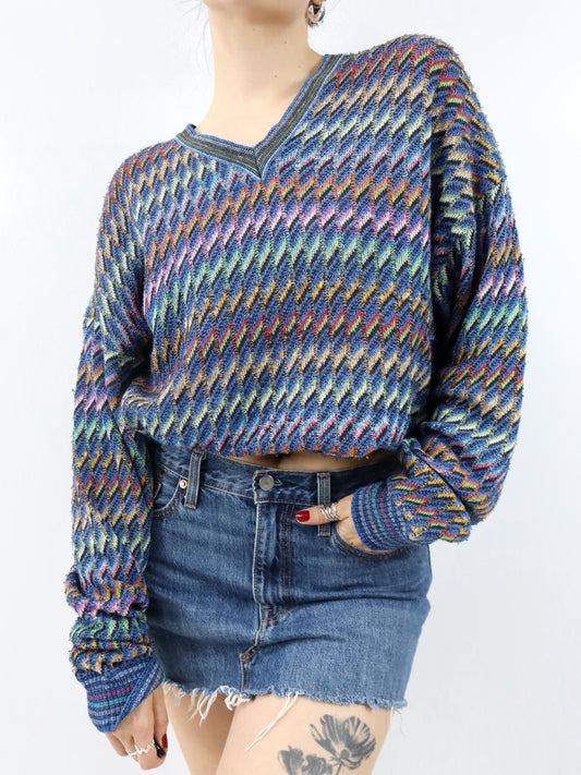 Vintage 80er 90er Strickpullover Pullover V-Ausschnitt bunt gemustert XL 54