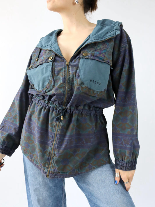 Vintage 80er 90er BELFE Parka leichte Jacke crazy pattern Kapuze tailliert M