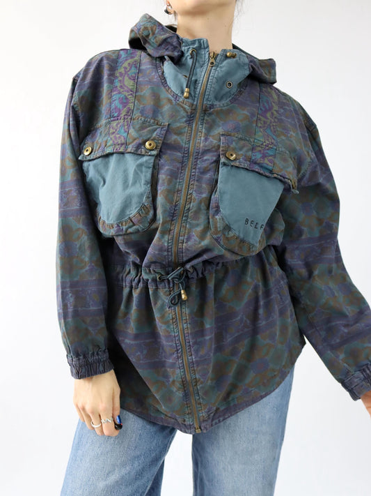 Vintage 80er 90er BELFE Parka leichte Jacke crazy pattern Kapuze tailliert M