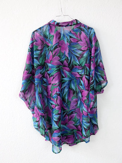 Vintage 80er 90er CAMA Bluse kurzarm leicht transparent Blumenmuster Fledermausärmel M-L
