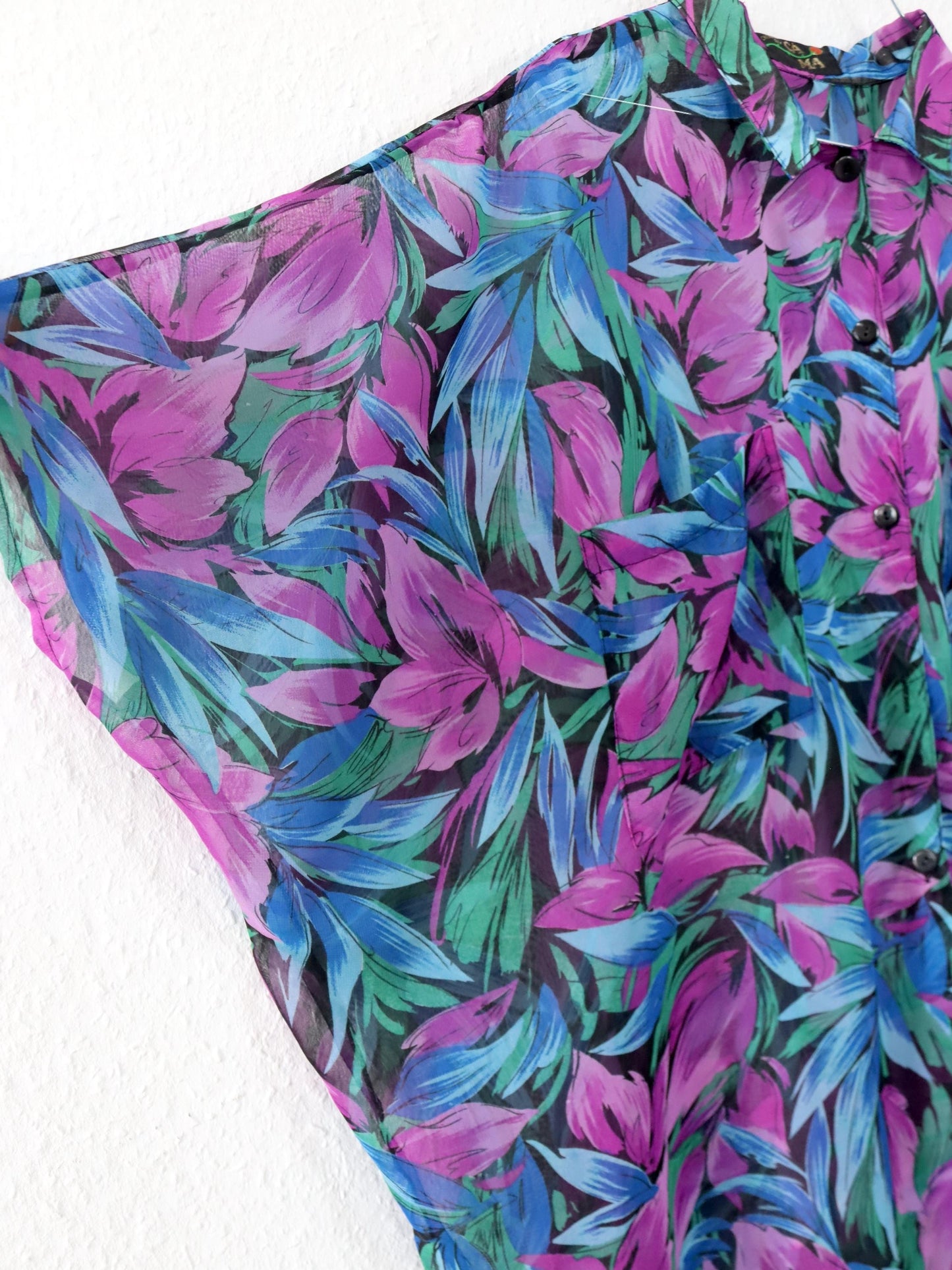 Vintage 80er 90er CAMA Bluse kurzarm leicht transparent Blumenmuster Fledermausärmel M-L
