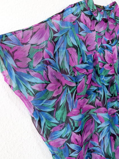 Vintage 80er 90er CAMA Bluse kurzarm leicht transparent Blumenmuster Fledermausärmel M-L