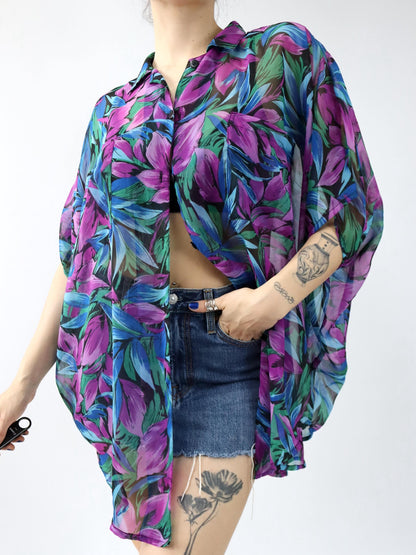 Vintage 80er 90er CAMA Bluse kurzarm leicht transparent Blumenmuster Fledermausärmel M-L