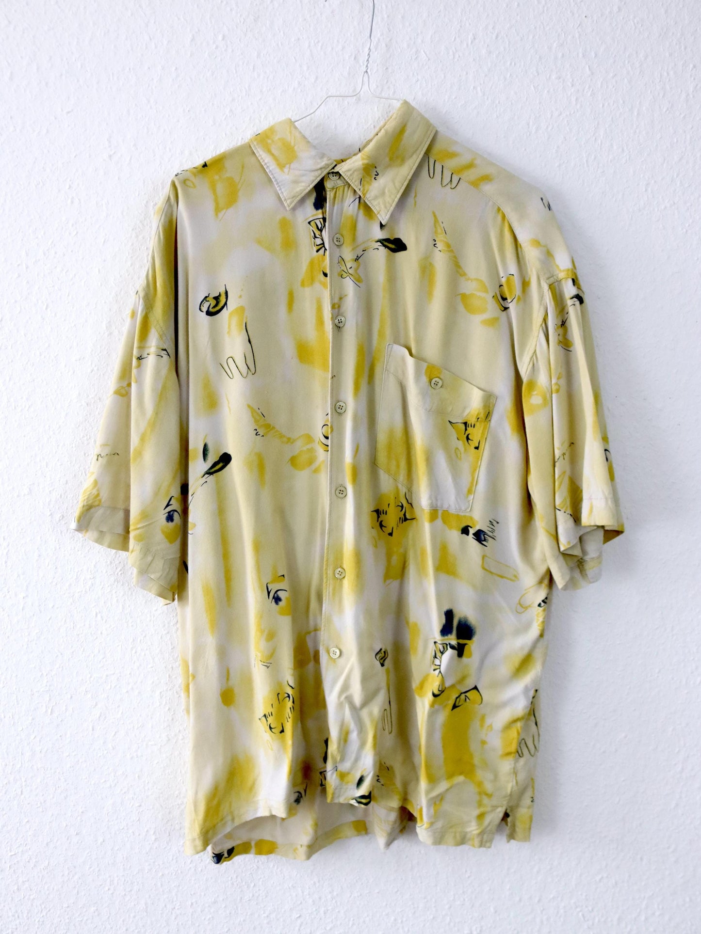Vintage 80er 90er TRAPEZ Hemd kurzarm crazy pattern gelb Viskose L