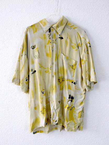 Vintage 80er 90er TRAPEZ Hemd kurzarm crazy pattern gelb Viskose L