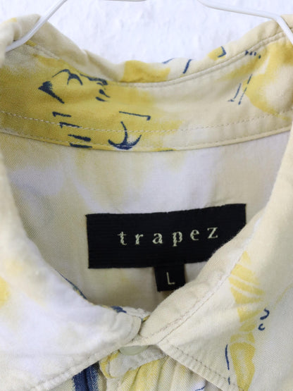Vintage 80er 90er TRAPEZ Hemd kurzarm crazy pattern gelb Viskose L