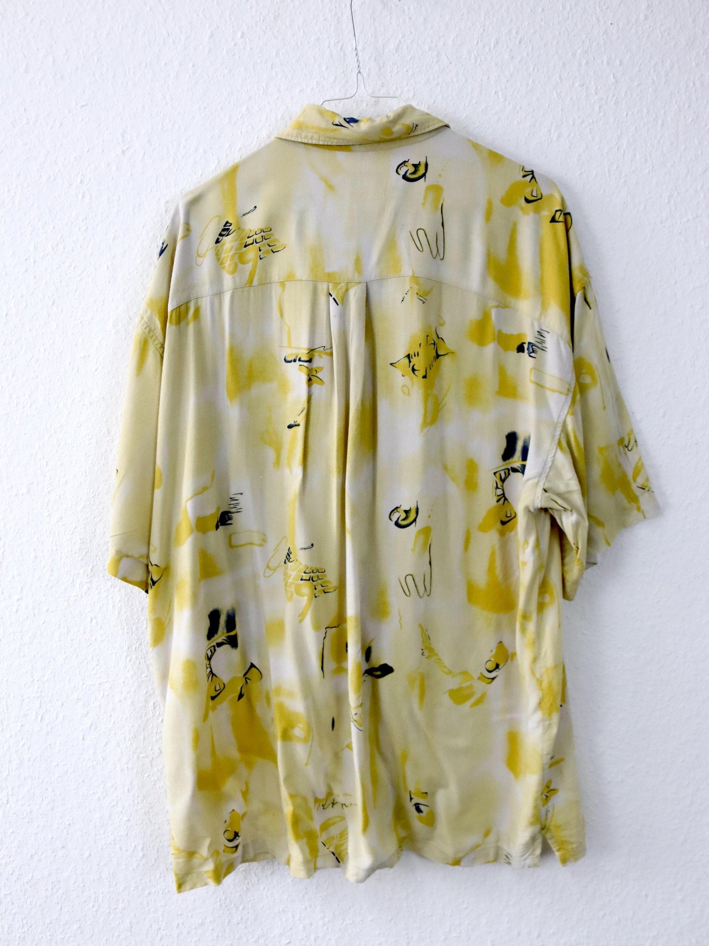 Vintage 80er 90er TRAPEZ Hemd kurzarm crazy pattern gelb Viskose L