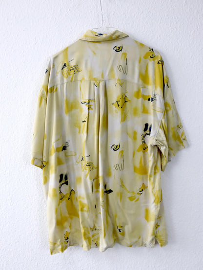 Vintage 80er 90er TRAPEZ Hemd kurzarm crazy pattern gelb Viskose L