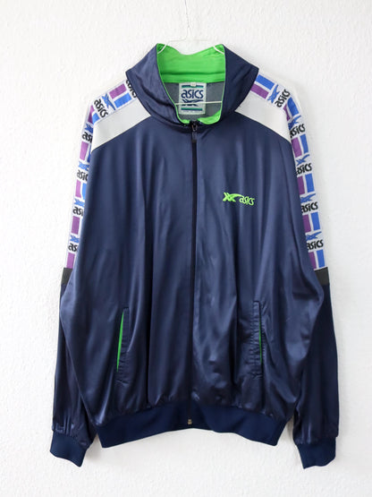 Vintage 80er 90er ASICS Trainingsjacke dünn glänzend Stehkragen dunkelblau 56 XXL