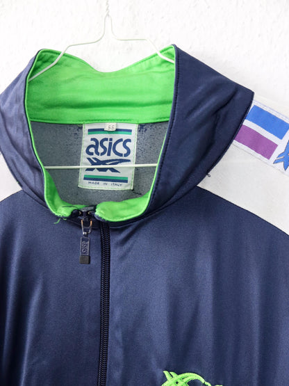 Vintage 80er 90er ASICS Trainingsjacke dünn glänzend Stehkragen dunkelblau 56 XXL