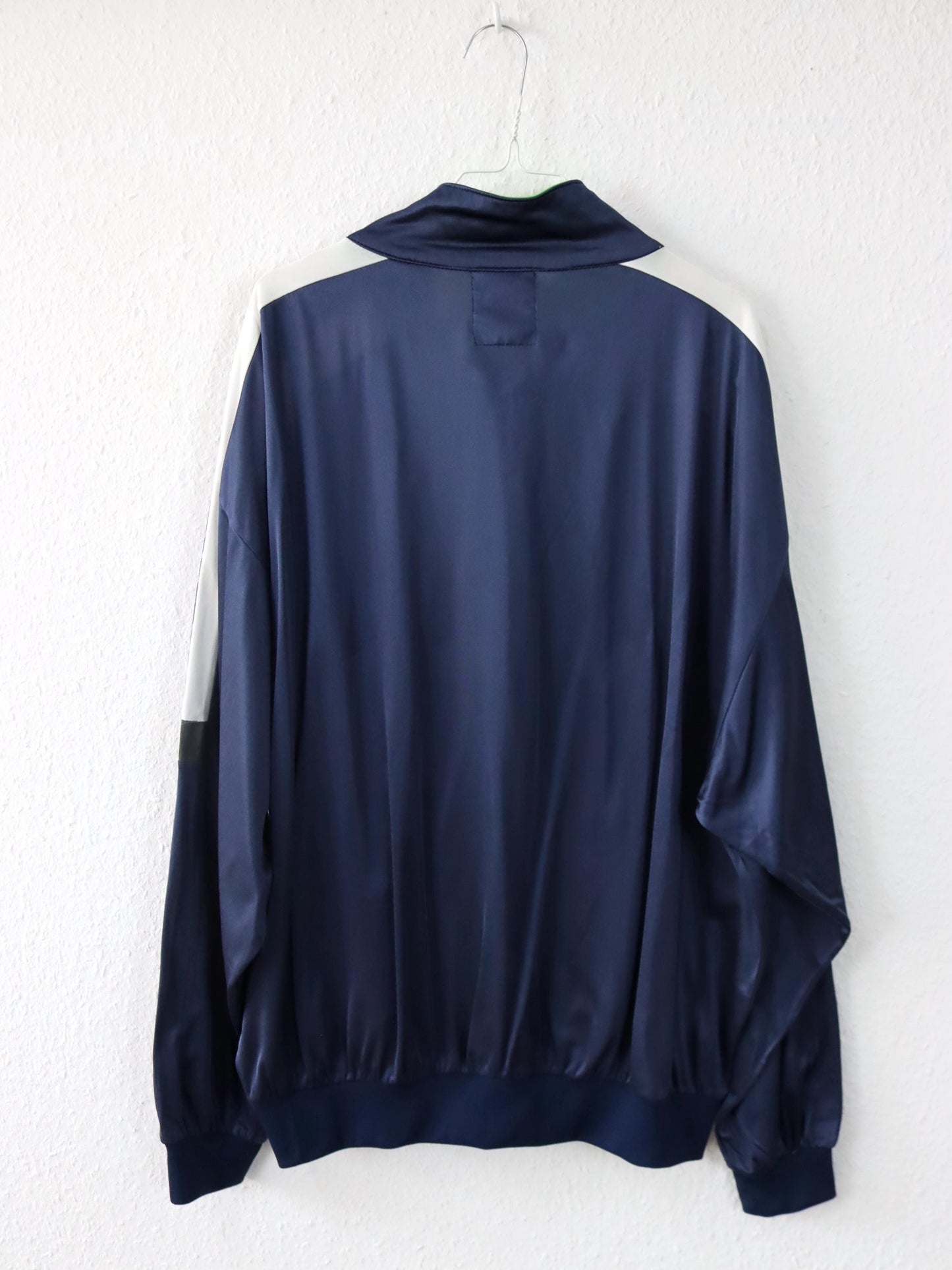 Vintage 80er 90er ASICS Trainingsjacke dünn glänzend Stehkragen dunkelblau 56 XXL