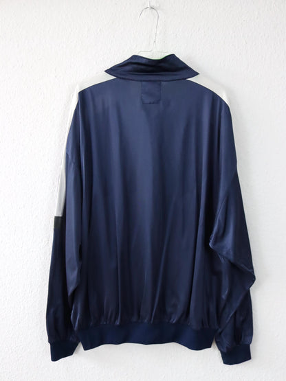 Vintage 80er 90er ASICS Trainingsjacke dünn glänzend Stehkragen dunkelblau 56 XXL