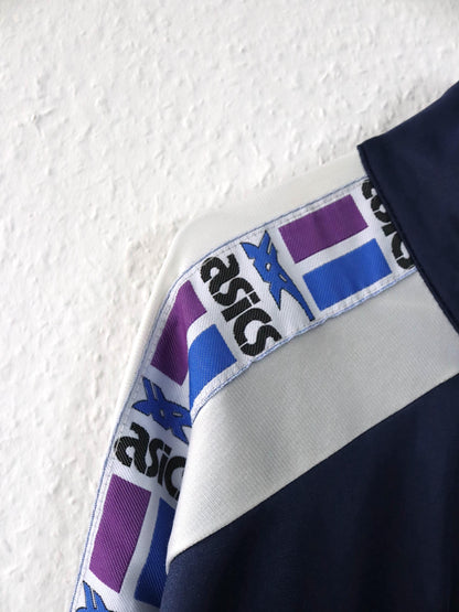 Vintage 80er 90er ASICS Trainingsjacke dünn glänzend Stehkragen dunkelblau 56 XXL