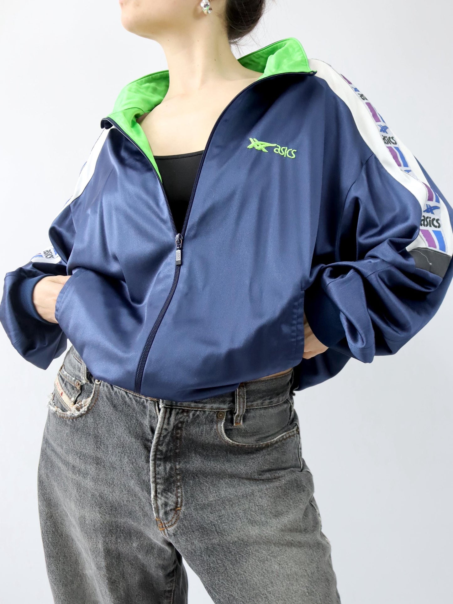 Vintage 80er 90er ASICS Trainingsjacke dünn glänzend Stehkragen dunkelblau 56 XXL