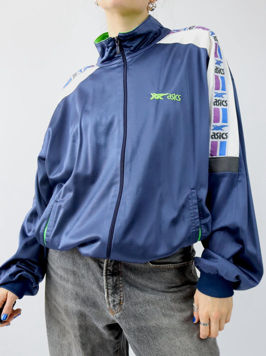Vintage 80er 90er ASICS Trainingsjacke dünn glänzend Stehkragen dunkelblau 56 XXL