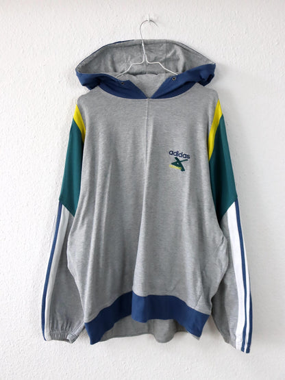 Vintage 80er 90er ADIDAS Cross Trainings Hoodie Pullover grau blau grün gelb D7 L