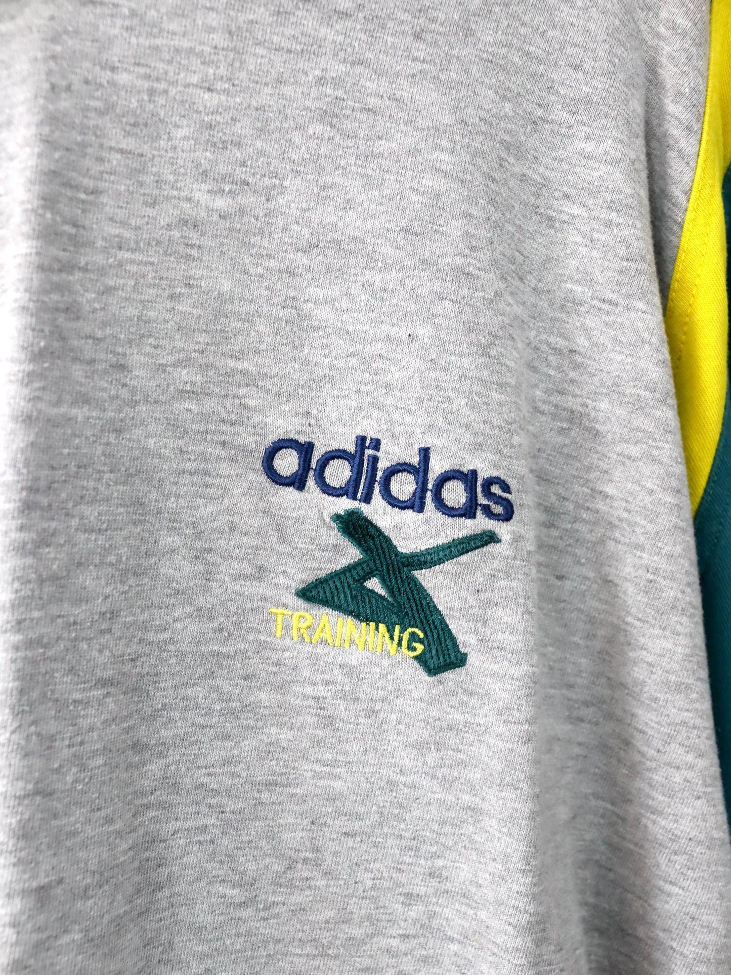 Vintage 80er 90er ADIDAS Cross Trainings Hoodie Pullover grau blau grün gelb D7 L