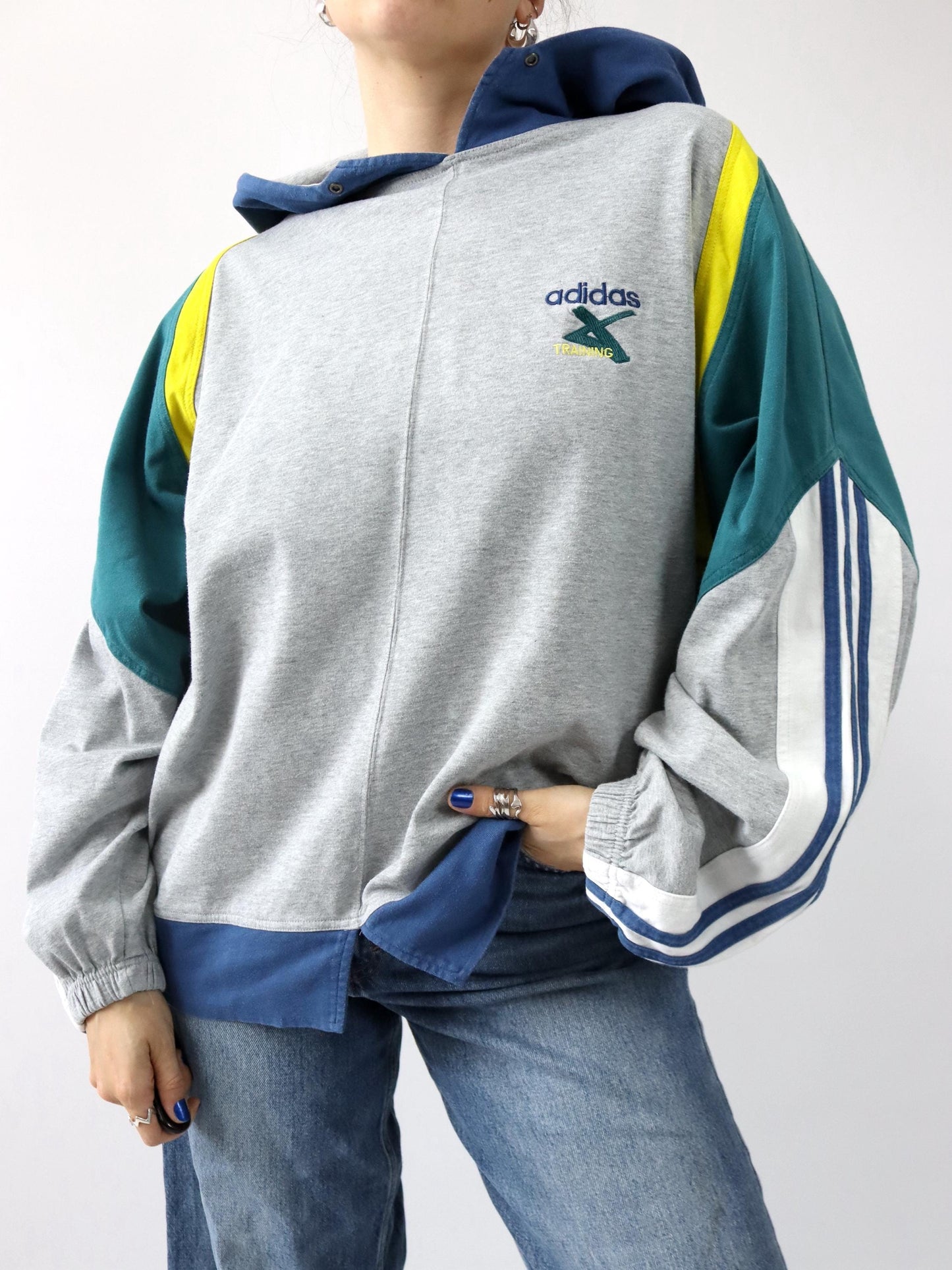 Vintage 80er 90er ADIDAS Cross Trainings Hoodie Pullover grau blau grün gelb D7 L