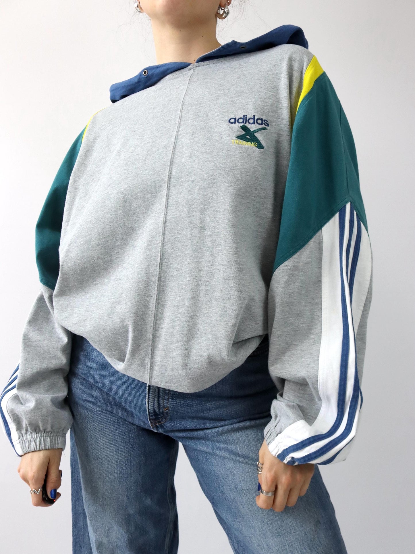 Vintage 80er 90er ADIDAS Cross Trainings Hoodie Pullover grau blau grün gelb D7 L