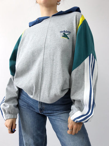 Vintage 80er 90er ADIDAS Cross Trainings Hoodie Pullover grau blau grün gelb D7 L