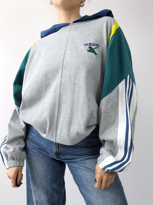 Vintage 80er 90er ADIDAS Cross Trainings Hoodie Pullover grau blau grün gelb D7 L