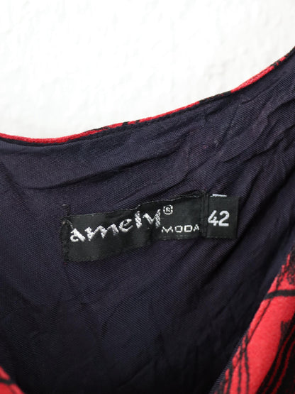 Vintage 90er 00er Y2k AMELY Midikleid Maxikleid Mesh Chiffon crazy pattern rot schwarz 38/40