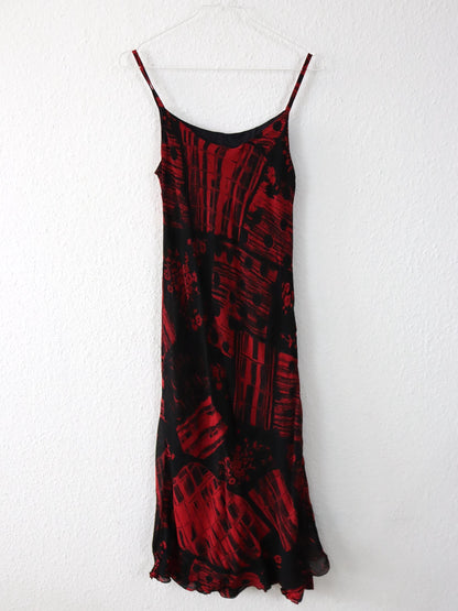 Vintage 90er 00er Y2k AMELY Midikleid Maxikleid Mesh Chiffon crazy pattern rot schwarz 38/40