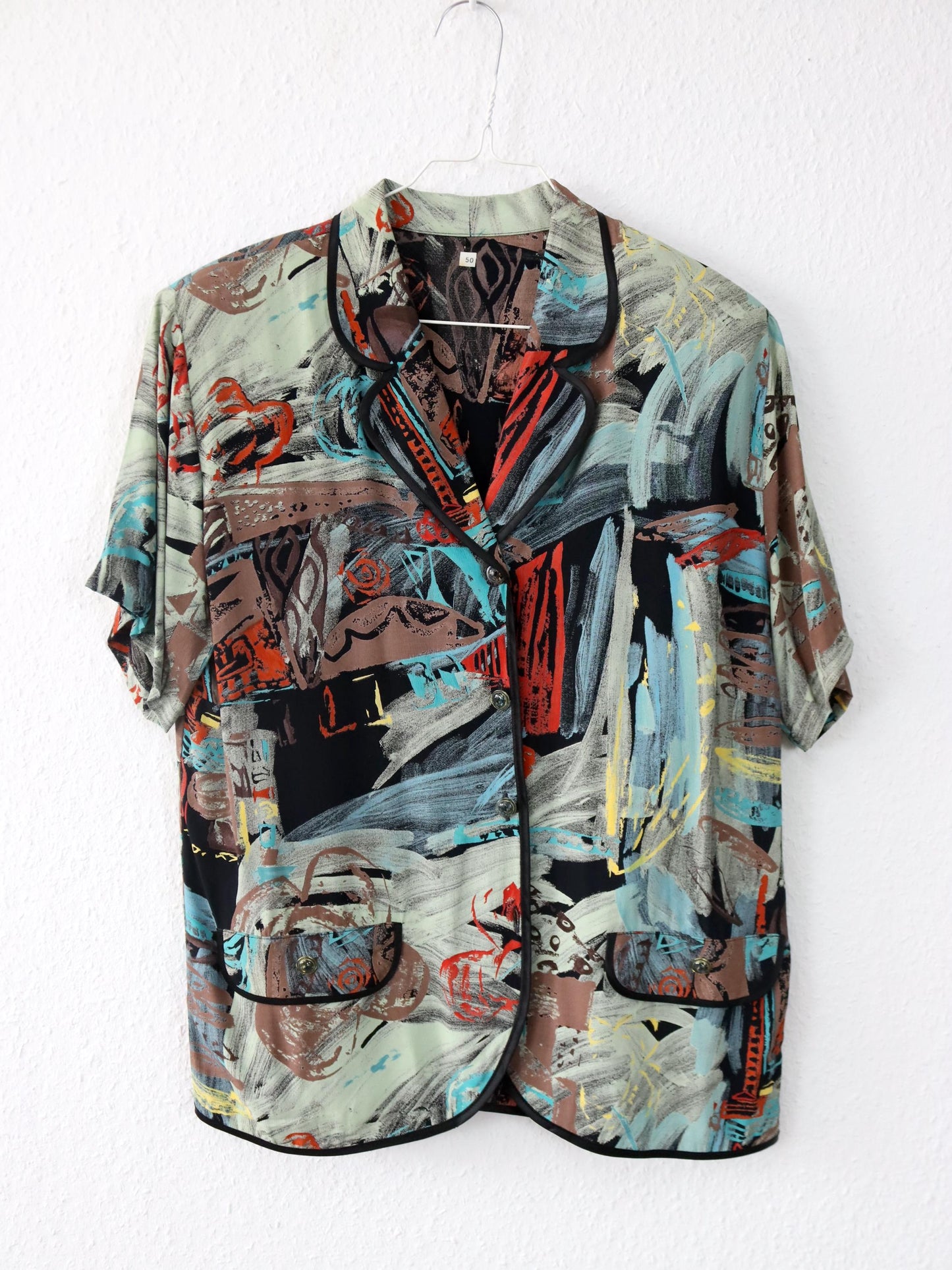 Vintage 80er 90er Bluse kurzarm crazy pattern Schulterpolster bunt L