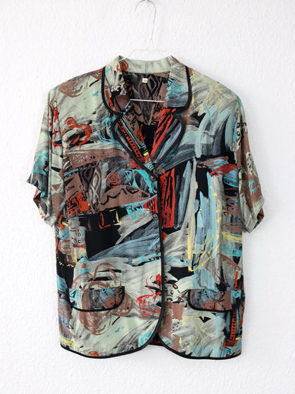 Vintage 80er 90er Bluse kurzarm crazy pattern Schulterpolster bunt L