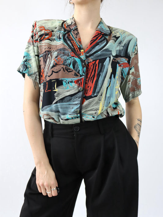 Vintage 80er 90er Bluse kurzarm crazy pattern Schulterpolster bunt L