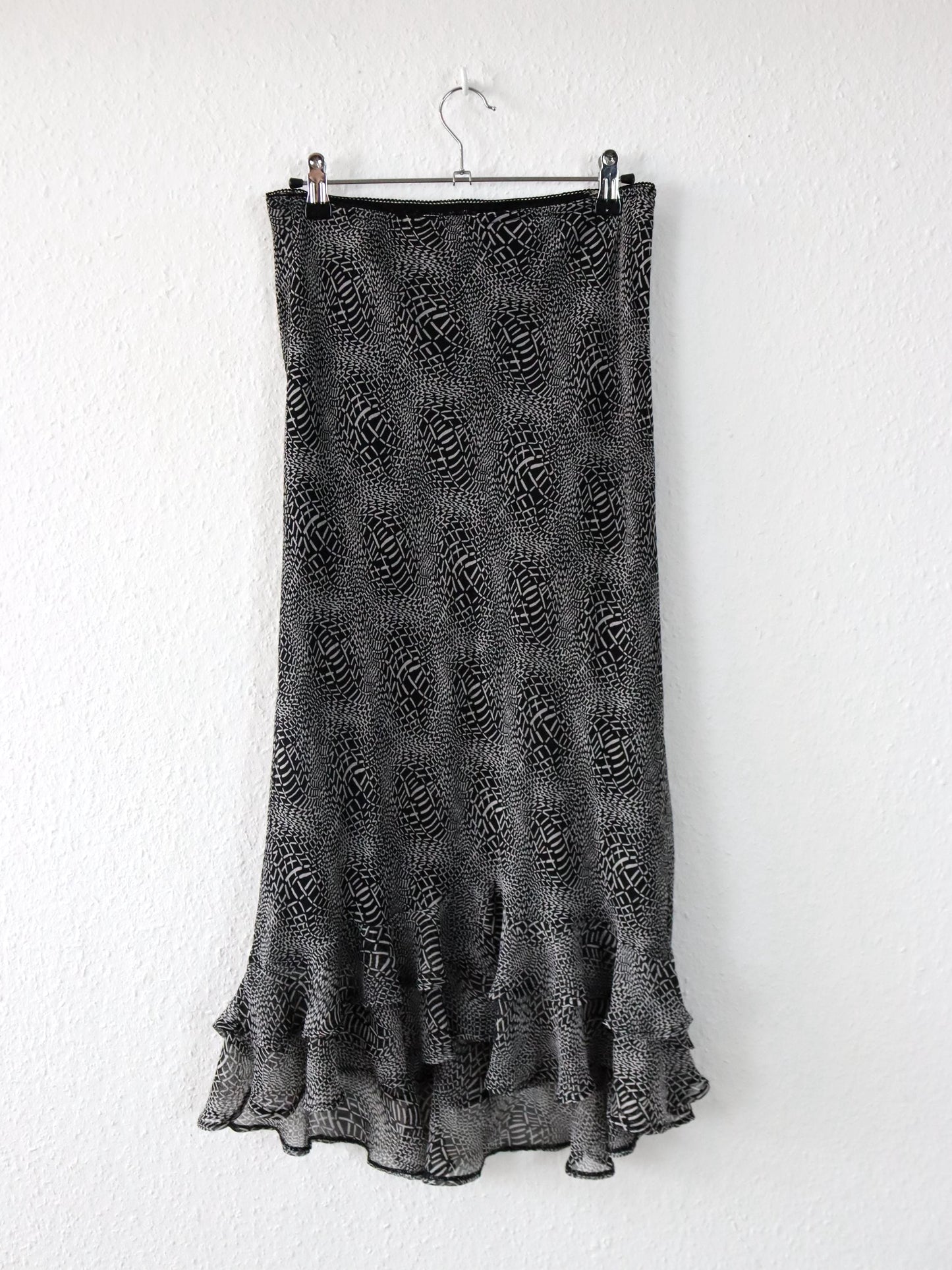Vintage 90er 00er Y2k CANDA Midirock crazy pattern Mesh Raffung schwarz weiß 38