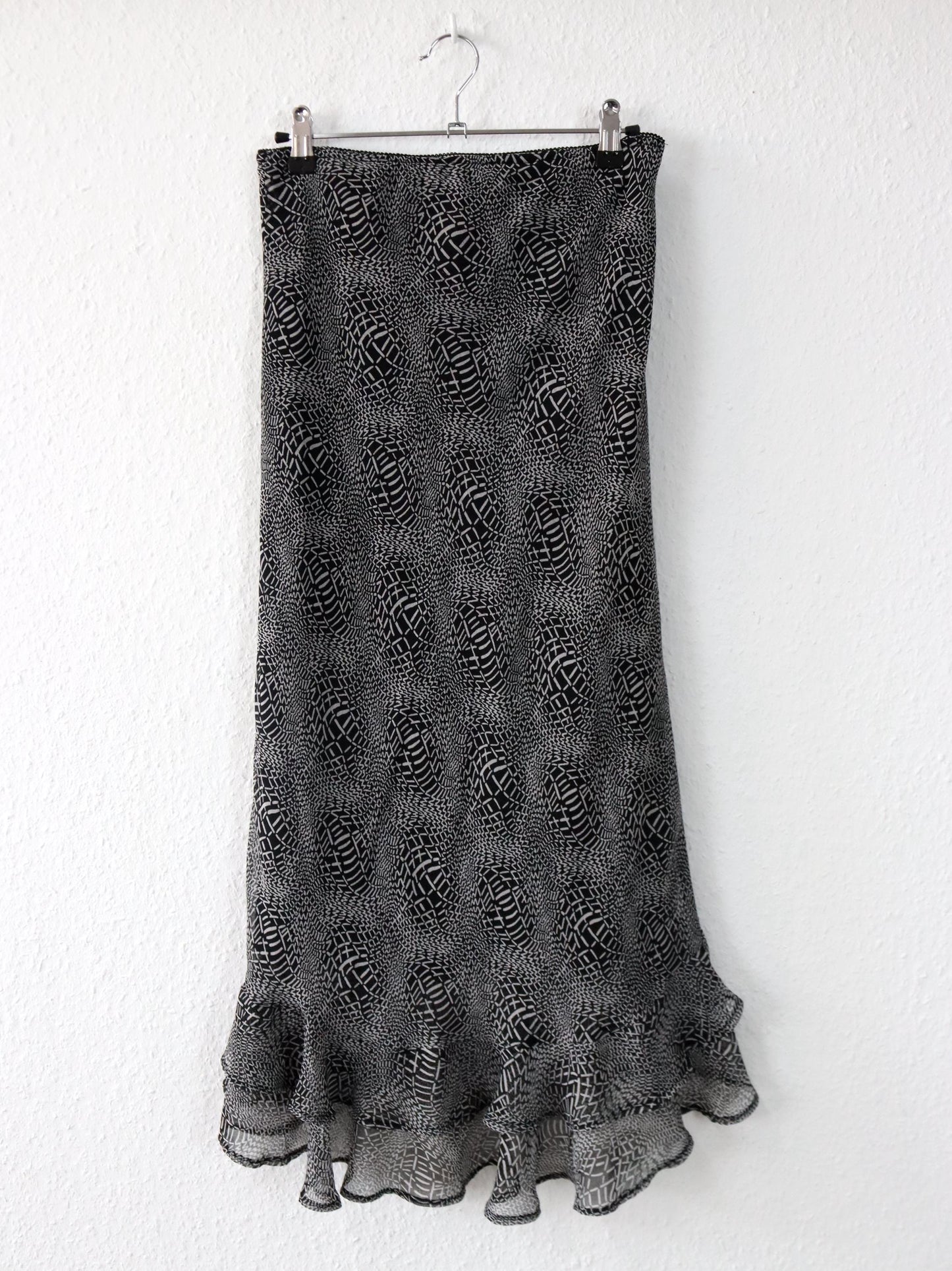 Vintage 90er 00er Y2k CANDA Midirock crazy pattern Mesh Raffung schwarz weiß 38