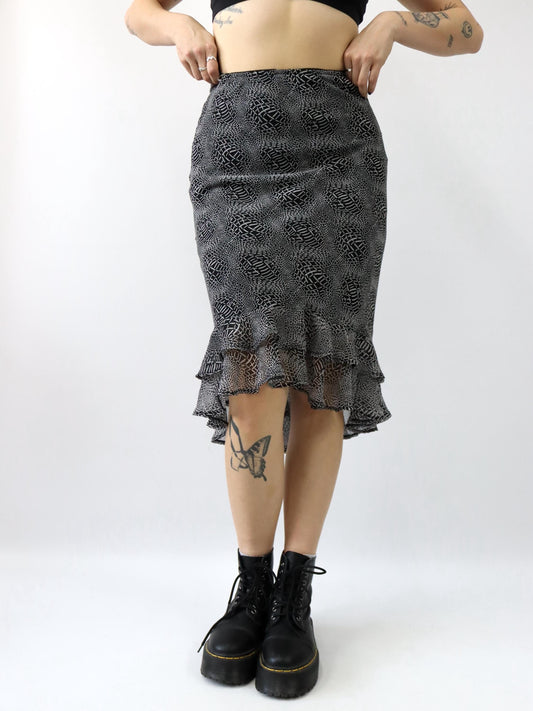Vintage 90er 00er Y2k CANDA Midirock crazy pattern Mesh Raffung schwarz weiß 38