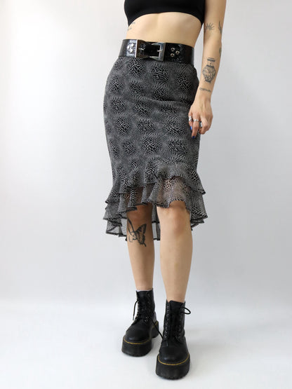 Vintage 90er 00er Y2k CANDA Midirock crazy pattern Mesh Raffung schwarz weiß 38