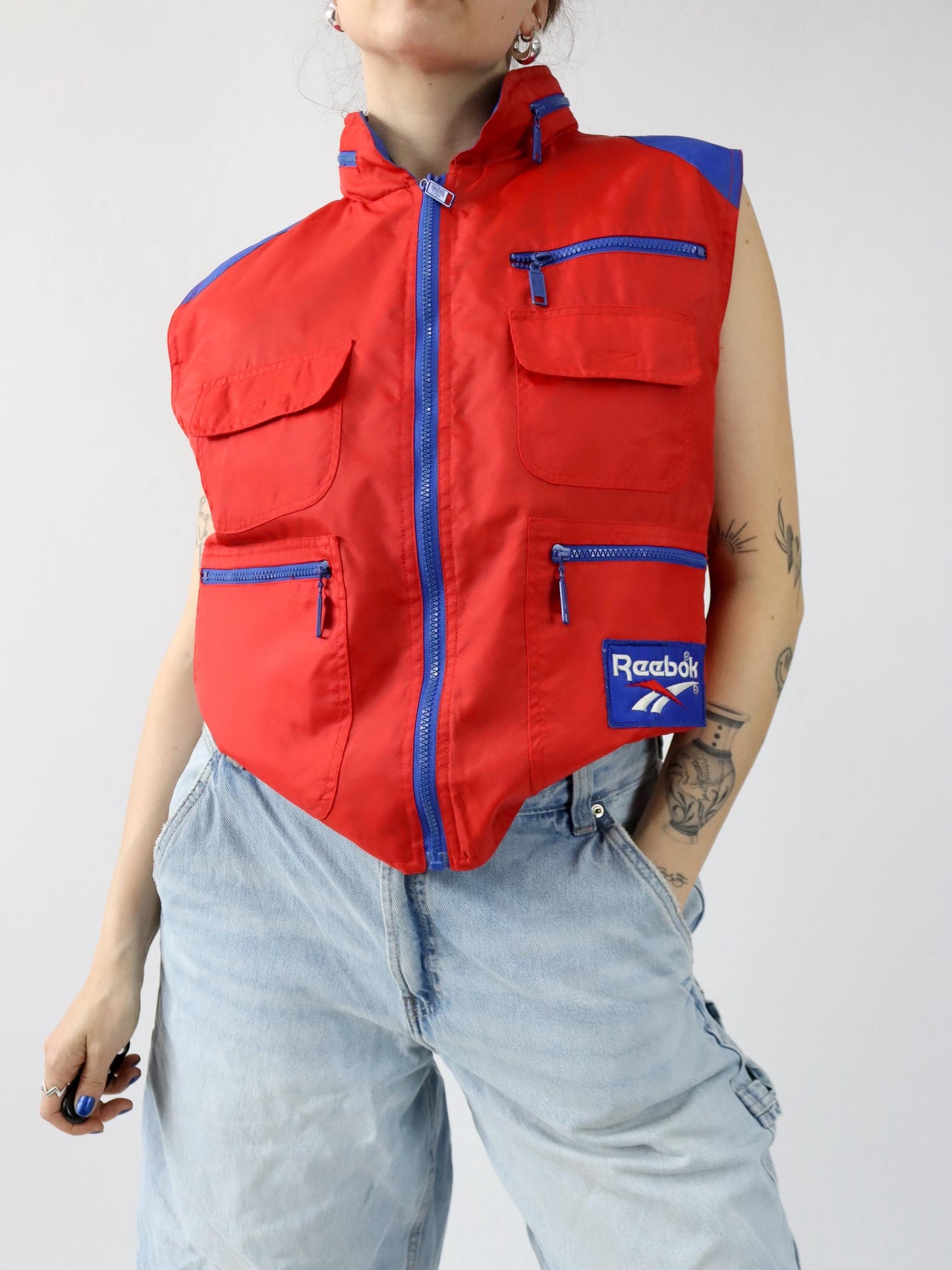 Vintage 80er 90er REEBOK Weste Cargoweste Utility Kapuze blau rot S