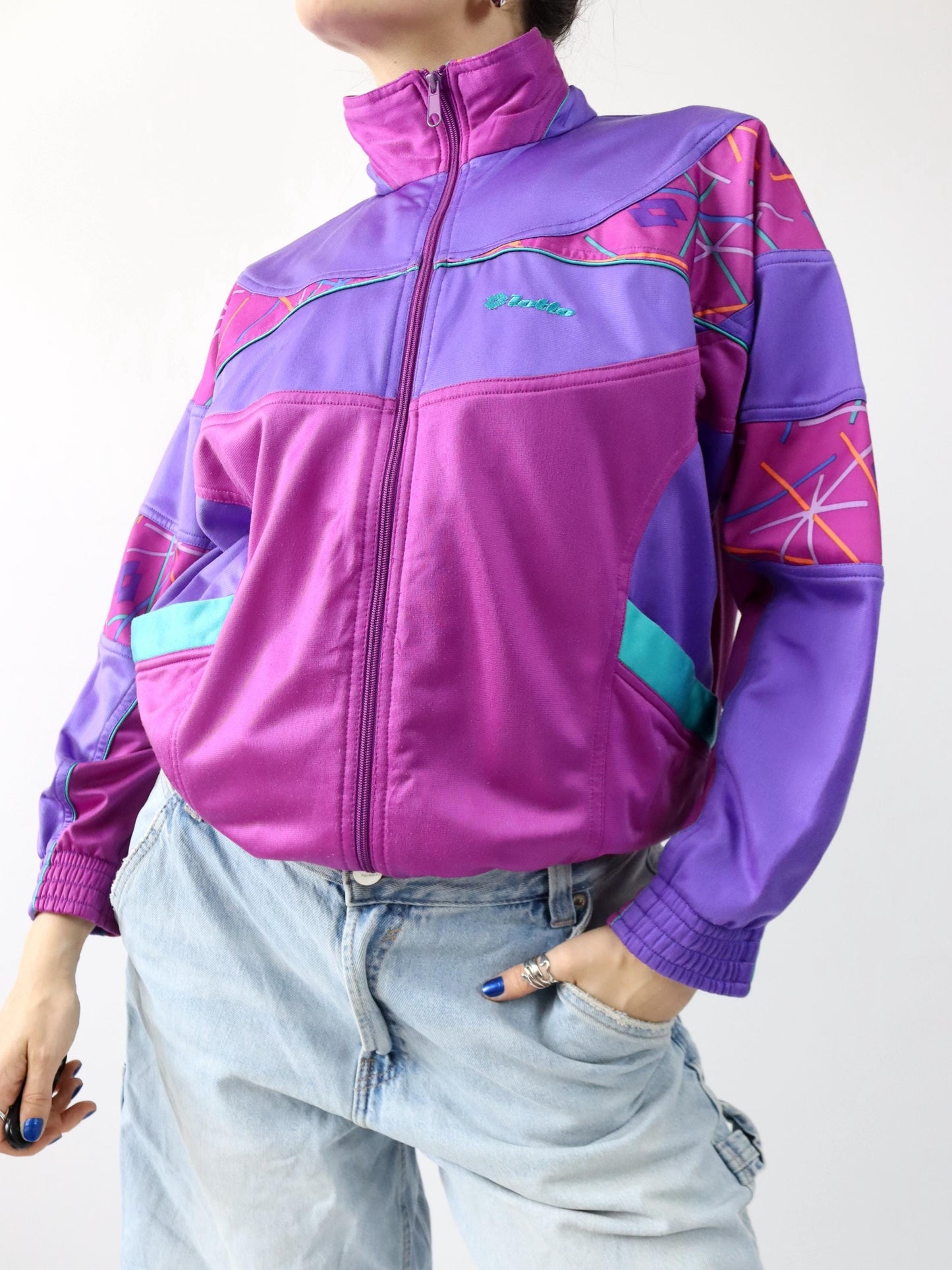 Vintage 80er 90er LOTTO Trainingsjacke Jacke Stehkragen Lila pink M