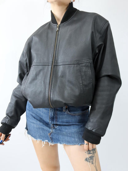 Vintage 80er 90er SHIELD Bomberjacke Lederjacke schwarz 52 L