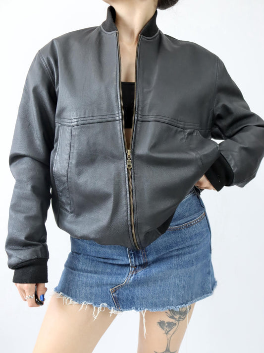 Vintage 80er 90er SHIELD Bomberjacke Lederjacke schwarz 52 L