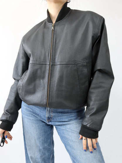 Vintage 80er 90er SHIELD Bomberjacke Lederjacke schwarz 52 L