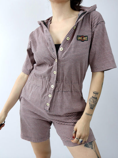 Vintage 80er 90er BELFE Einteiler Jumpsuit Knopfleiste Kapuze gestreift 42