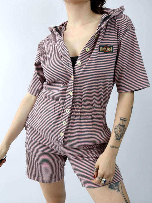 Vintage 80er 90er BELFE Einteiler Jumpsuit Knopfleiste Kapuze gestreift 42