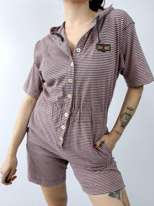 Vintage 80er 90er BELFE Einteiler Jumpsuit Knopfleiste Kapuze gestreift 42