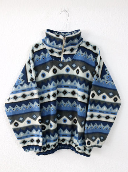 Vintage 80er 90er SEMTEX Fleecepullover Fleece crazy pattern blau Stehkragen M/L