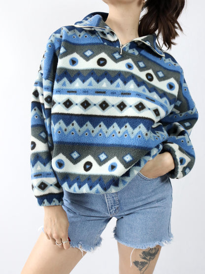 Vintage 80er 90er SEMTEX Fleecepullover Fleece crazy pattern blau Stehkragen M/L