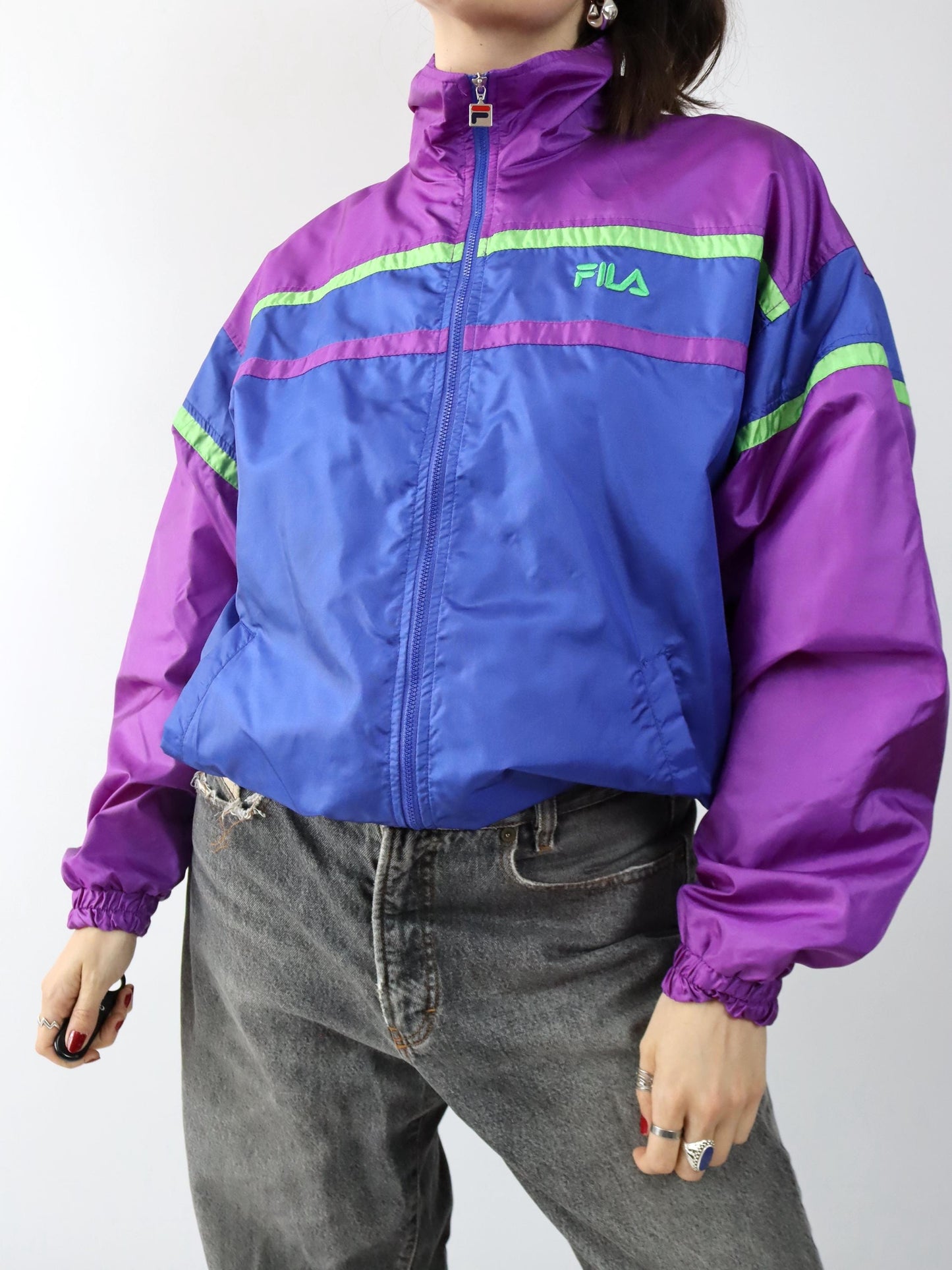 Vintage 80er 90er FILA Trainingsjacke Jacke Stehkragen glänzend blau lila 52 XL