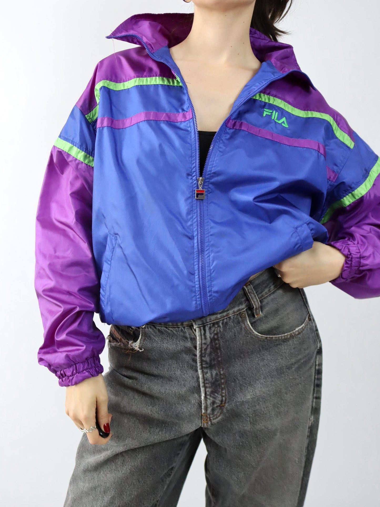 Vintage 80er 90er FILA Trainingsjacke Jacke Stehkragen glänzend blau lila 52 XL